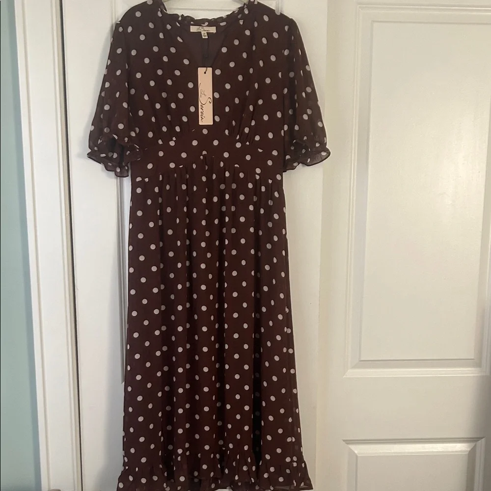Brown Polka Dot Midi Dress - Picture 1 of 5